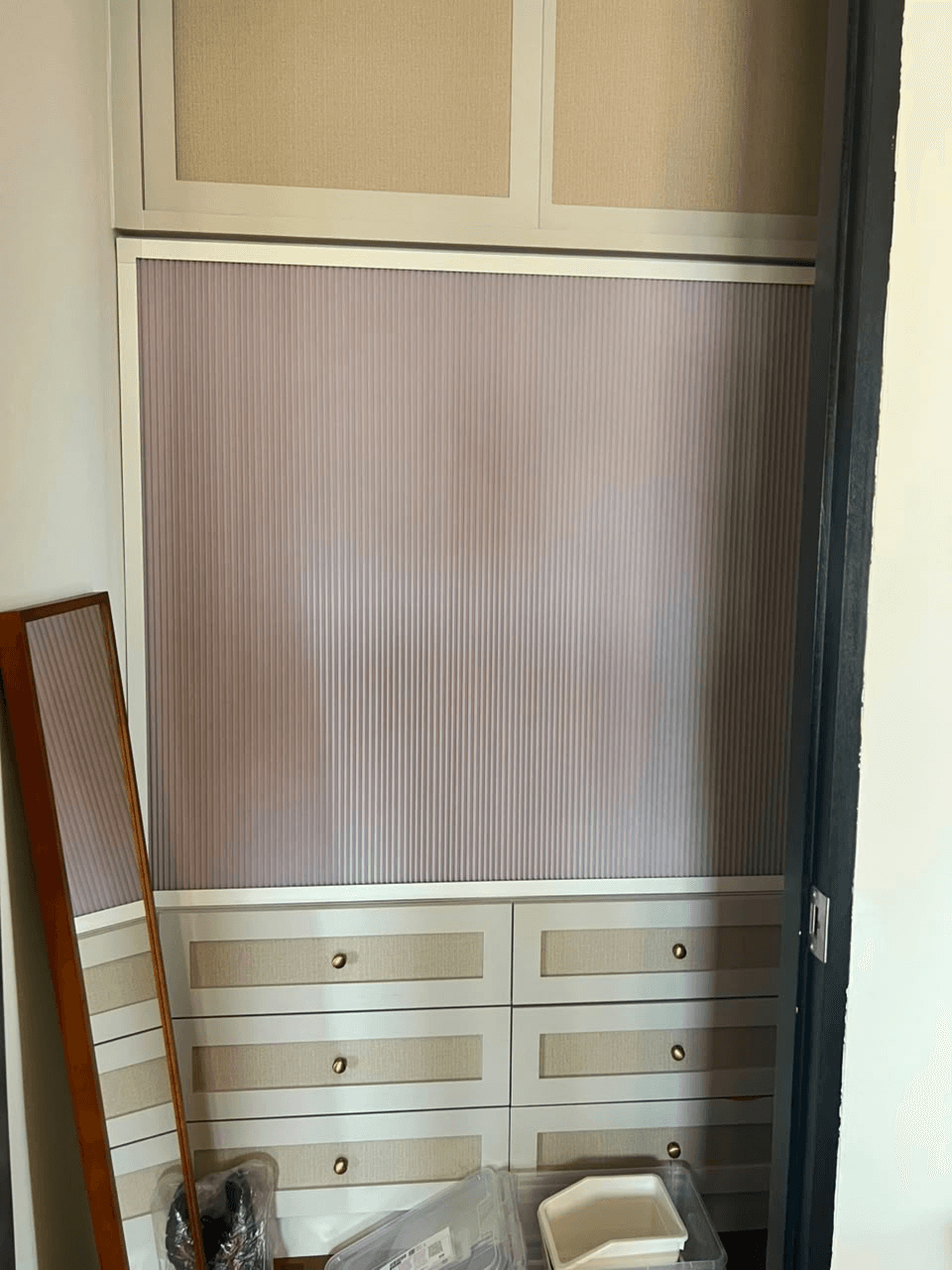 Honeycomb sliding blinds in a Bayshore Road condo