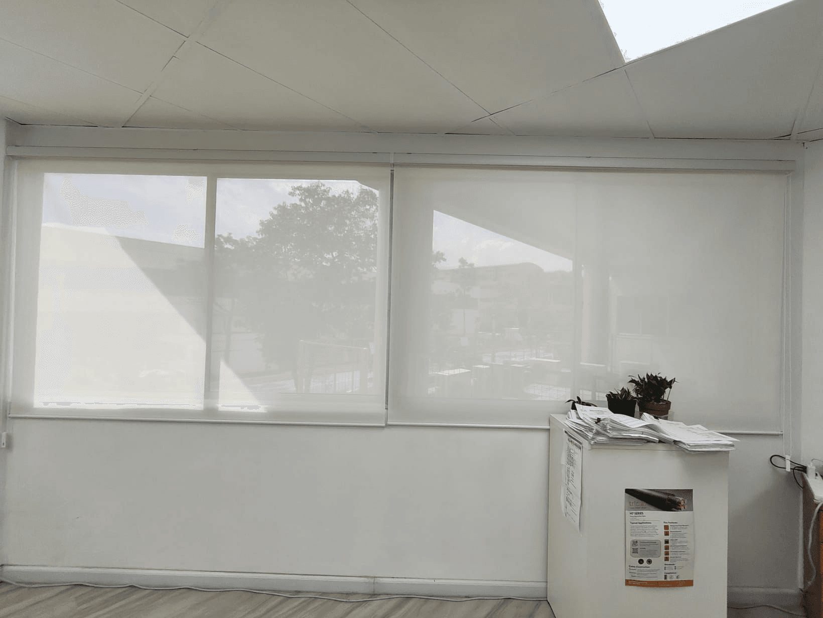 Perforated sunscreen roller blinds in a Tuas Avenue 11 office