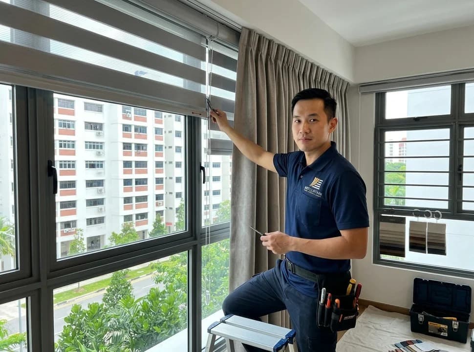 NST Curtain installer adjusting a Korean blind beside pleated curtains in a Singapore HDB flat