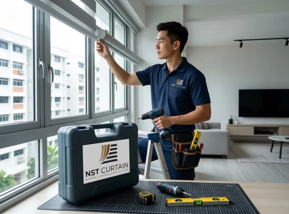 NST Curtain installer fitting a roller blind bracket with a drill, branded tool case in the foreground