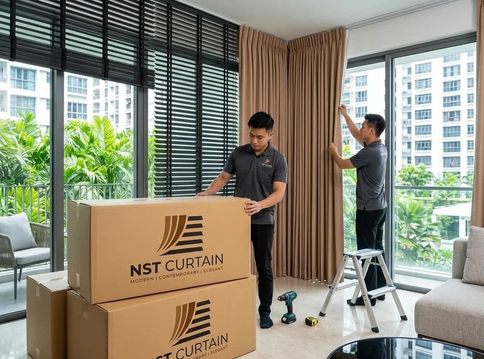 NST Curtain installers hanging custom beige curtains in a Singapore condo living room, with branded delivery boxes