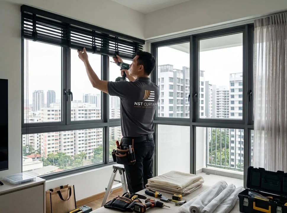 NST Curtain installer drilling a Venetian blind headrail across corner windows in a Singapore condo